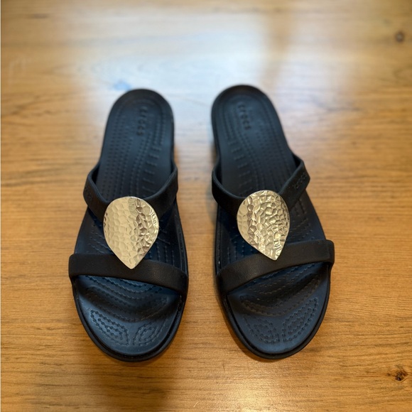 CROCS Shoes - CROCS Black Sandals with Silver Leaf Accent